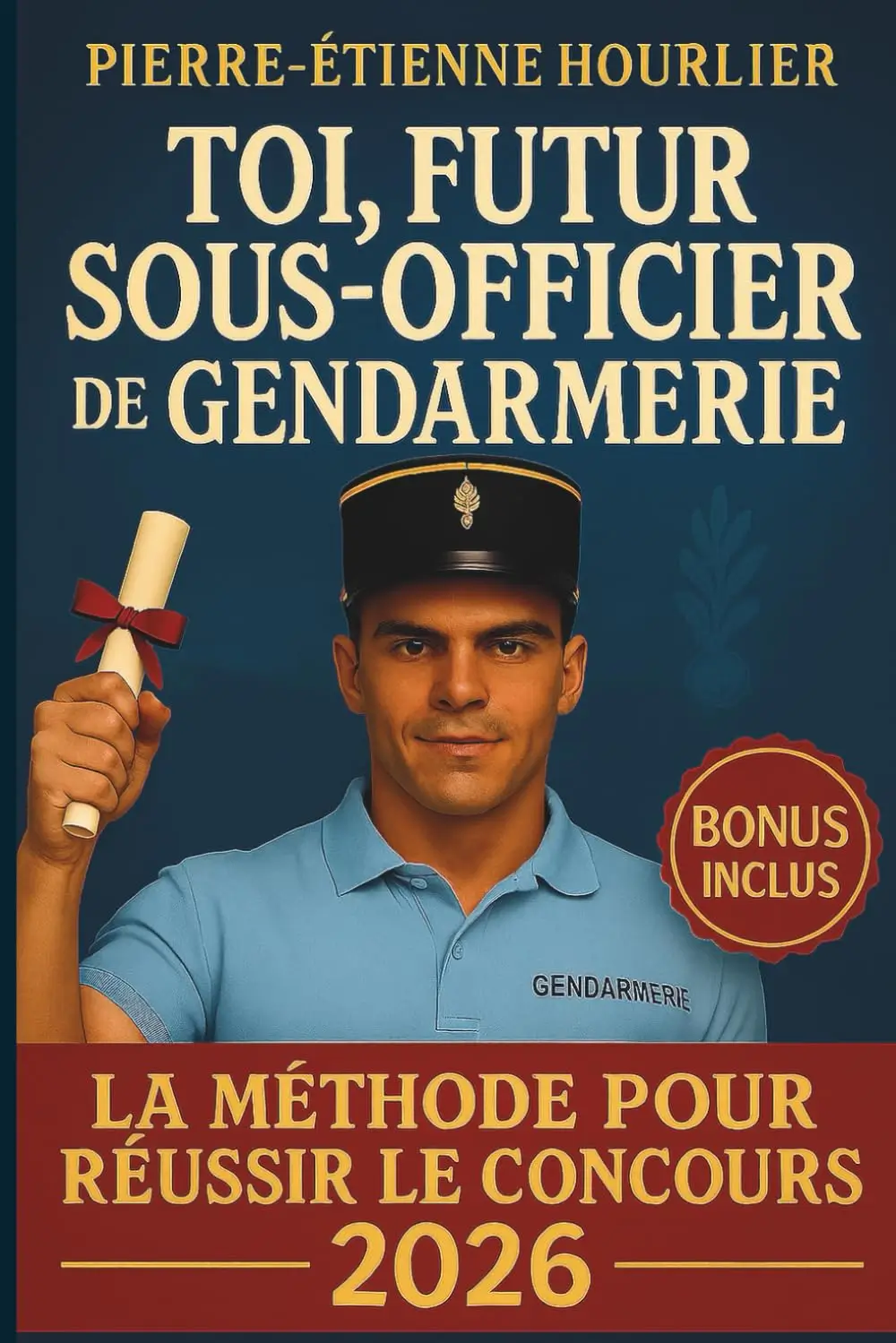 Couverture du livre "Toi, futur sous-officier de gendarmerie" de Pierre-Étienne Hourlier, un guide pratique avec bonus inclus proposant une méthode pour réussir le concours de sous-officier de gendarmerie 2026.