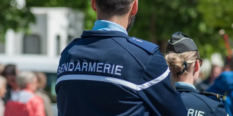 Deux gendarmes vus de dos en uniforme bleu marine lors d’une mission de terrain, illustrant le concours interne de sous-officier de gendarmerie, voie d’accès réservée aux professionnels de la sécurité et aux militaires en reconversion.