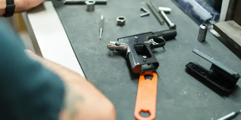 Un armurier en train de démonter et d’entretenir une arme de poing sur un établi, illustrant la spécialité Armurerie Pyrotechnie du CSTAGN, dédiée à la maintenance des armements et à la sécurité des munitions.