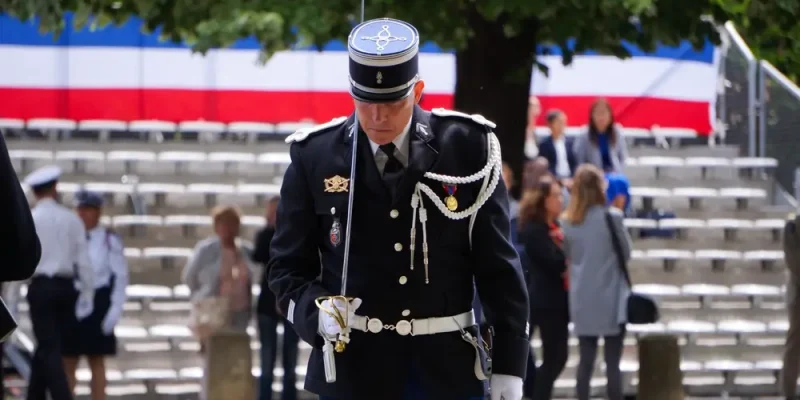 Officier de gendarmerie en uniforme cérémoniel tenant un sabre lors d’une cérémonie officielle, illustrant le rôle des officiers OCTA spécialisés dans la gestion administrative, logistique, financière et immobilière de la gendarmerie.